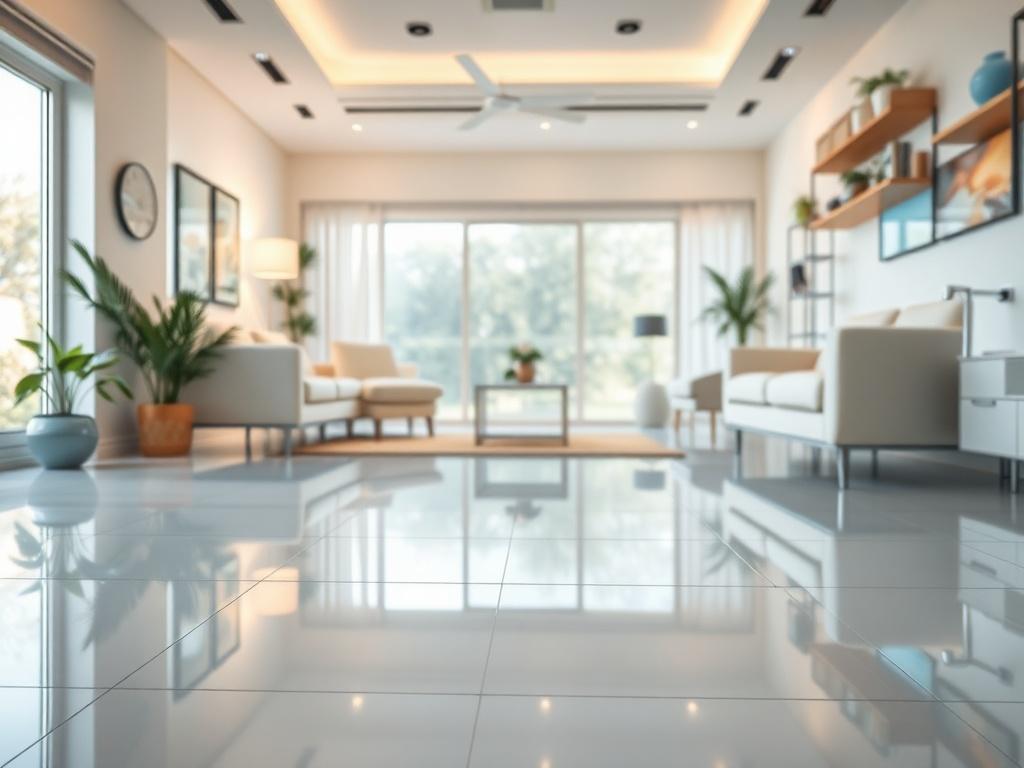 A hyper-realistic close-up shot of a pristine, deep-cleaned area, showcasing shiny floors, spotless surfaces, and organized furniture. The background should be a well-lit room with a warm ambiance, emphasizing cleanliness and attention to detail. The focus should be on the gleaming surfaces, highlighting the freshness of the space, captured with a 45mm f/1.2 lens style.