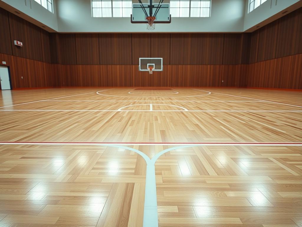 A realistic high-resolution photo of a pristine gymnasium floor, showcasing a polished wooden surface with clear markings for basketball and volleyball courts. The composition should focus on the texture and shine of the wood, with bright overhead lights reflecting off the surface. The background should be simple and unobtrusive, emphasizing the gym floor as the main subject.