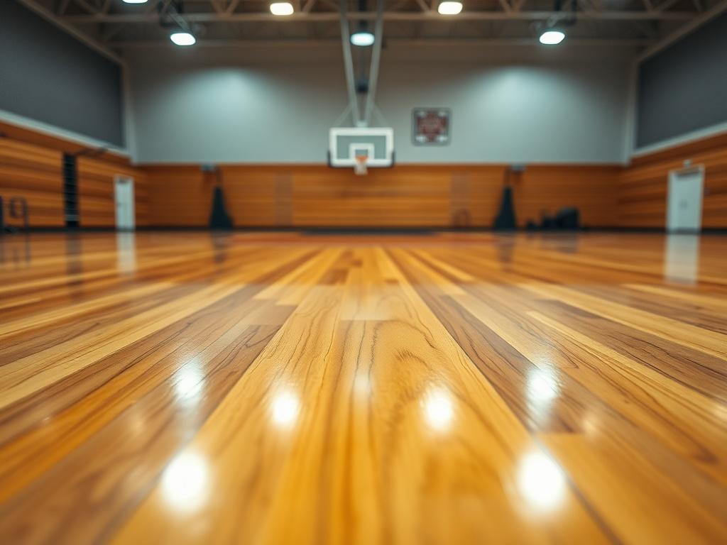 Create a high-resolution photo that captures the essence of gym floor refinishing. The image should feature a single subject: a polished wooden gym floor gleaming under bright overhead lights. The floor should show off a flawless finish, highlighting recent refinishing work that emphasizes its vibrant grain and texture. 

In the background, there could be a blurred, softly lit gym environment with unobtrusive basketball hoops and exercise equipment, suggesting a well-maintained facility ready for action. En
