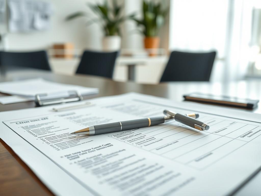A close-up shot of a detailed cleaning plan spread out on a desk, with a pen resting on it. The plan includes checklists and notes. The background features a clean, contemporary workspace with a hint of greenery and natural light.