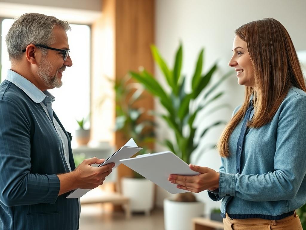 A close-up shot of a Moores Cleaning Tri-Area consultant discussing cleaning plans with a client in a bright, welcoming office. The consultant is holding a clipboard, with a friendly smile, while the client looks engaged. The background features clean, organized office decor with plants and natural light pouring in.