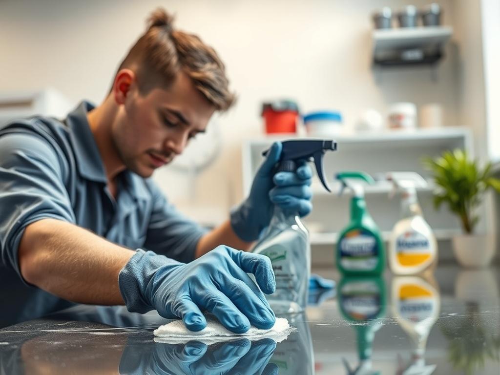 A close-up shot of a Moores Cleaning Tri-Area professional meticulously cleaning a surface with high-quality products. The professional wears gloves and is focused on their work, showcasing attention to detail. The background is a clean, organized area that reflects the results of their efforts.