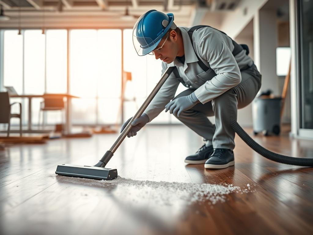 **AI Image Generation Prompt:**

Create a realistic high-resolution image that visually captures the critical importance of post-construction cleaning for a grand opening event. The composition should feature a single, prominent subject: a professional cleaner in action, dressed in a modern cleaning uniform, meticulously cleaning a polished hardwood floor. 

The cleaner should be equipped with industrial-grade cleaning tools, like a vacuum or a damp mop, showcasing a focus on meticulous detail. Capture thei