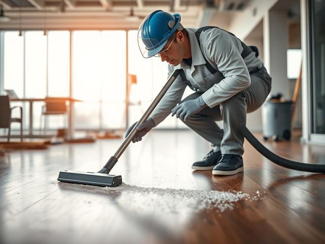**AI Image Generation Prompt:**

Create a realistic high-resolution image that visually captures the critical importance of post-construction cleaning for a grand opening event. The composition should feature a single, prominent subject: a professional cleaner in action, dressed in a modern cleaning uniform, meticulously cleaning a polished hardwood floor. 

The cleaner should be equipped with industrial-grade cleaning tools, like a vacuum or a damp mop, showcasing a focus on meticulous detail. Capture thei