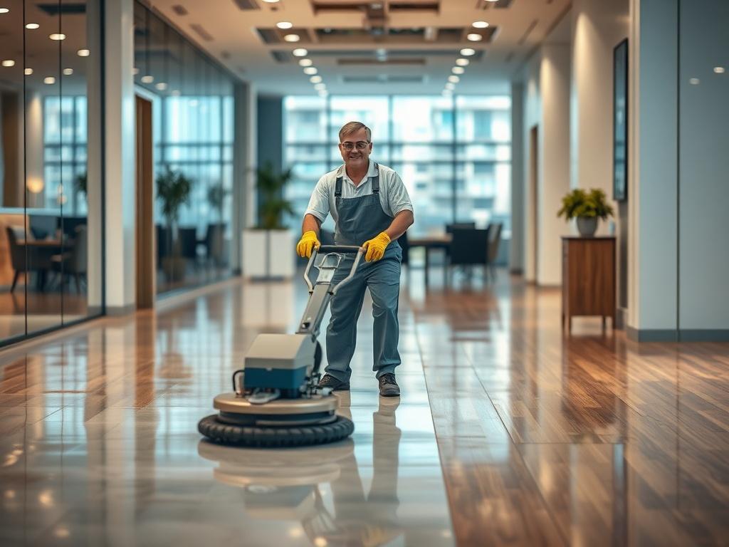 Create a realistic high-resolution photo focusing on a professional janitorial service worker, specifically featuring a single individual in the act of commercial floor stripping and waxing. The subject should be centrally positioned, wearing a clean uniform, safety goggles, and gloves, demonstrating expertise and attention to detail. Capture the individual using a floor buffer, with a look of concentration and satisfaction as they work on a freshly stripped floor.

The background should be a commercial spa