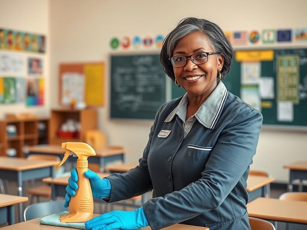 **Prompt for AI Image Generator:**

Create a realistic high-resolution photo that embodies the theme "School Cleaning Services: Creating Healthier Learning Environments Every Day." The image should focus on a professional janitorial worker, dressed in a neat uniform, actively cleaning a classroom. The subject should be a middle-aged person of diverse descent, showcasing a friendly yet dedicated demeanor. 

The composition should be clean and simple, highlighting the worker as the sole subject in the frame. 