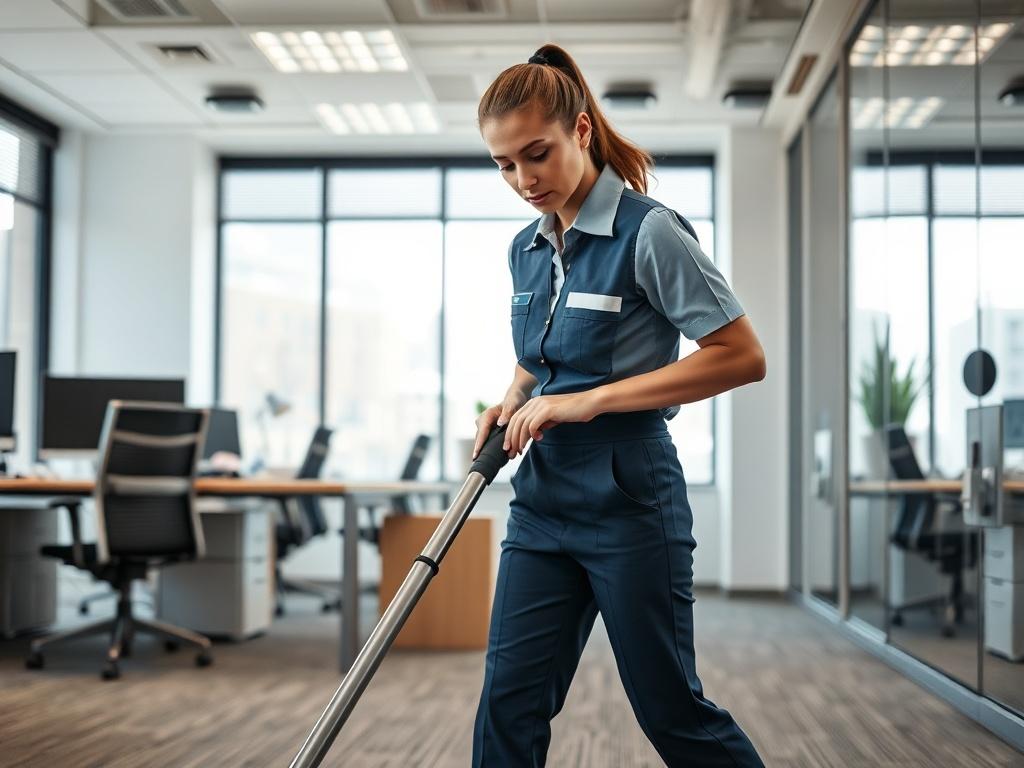 **AI Image Generator Prompt:**

Create a realistic high-resolution photo focusing on a professional office cleaning service in Durham, NC. The main subject should be a diligent cleaner, dressed in a crisp uniform, actively vacuuming a modern office space. Capture a close-up shot of the cleaner, showcasing their focused expression and attention to detail. The background should feature a well-maintained office, complete with tidy desks, organized files, and clean windows that allow natural light to illuminate