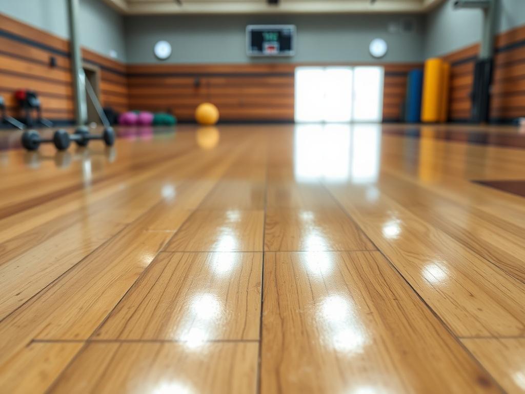 **AI Image Generator Prompt:**

Create a hyper-realistic, high-resolution image that effectively conveys the theme of "From Sweat to Shine: Professional Gym Floor Cleaning." The primary subject should be a gleaming, well-maintained gym floor, exhibiting a flawless shine that reflects its pristine condition. Use a close-up shot taken with a 45mm f/1.2 lens to capture the intricate texture and sheen of the polished surface. 

In the foreground, focus on the gym floor's material, revealing its smooth, polished