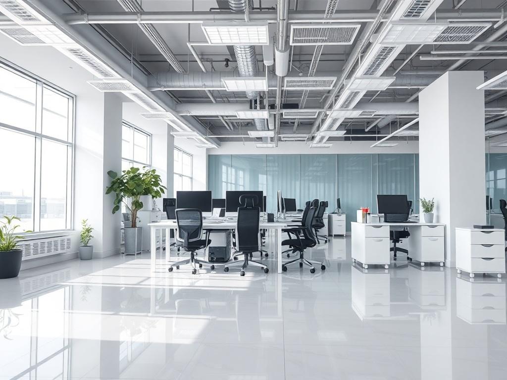 A realistic high-resolution photo of a pristine commercial office space, showcasing gleaming floors, spotless surfaces, and organized workstations. The composition should focus on a single, well-lit corner of the office, highlighting the cleanliness and professional atmosphere. The background should be minimalistic, emphasizing the immaculate condition of the space without any people or products present.