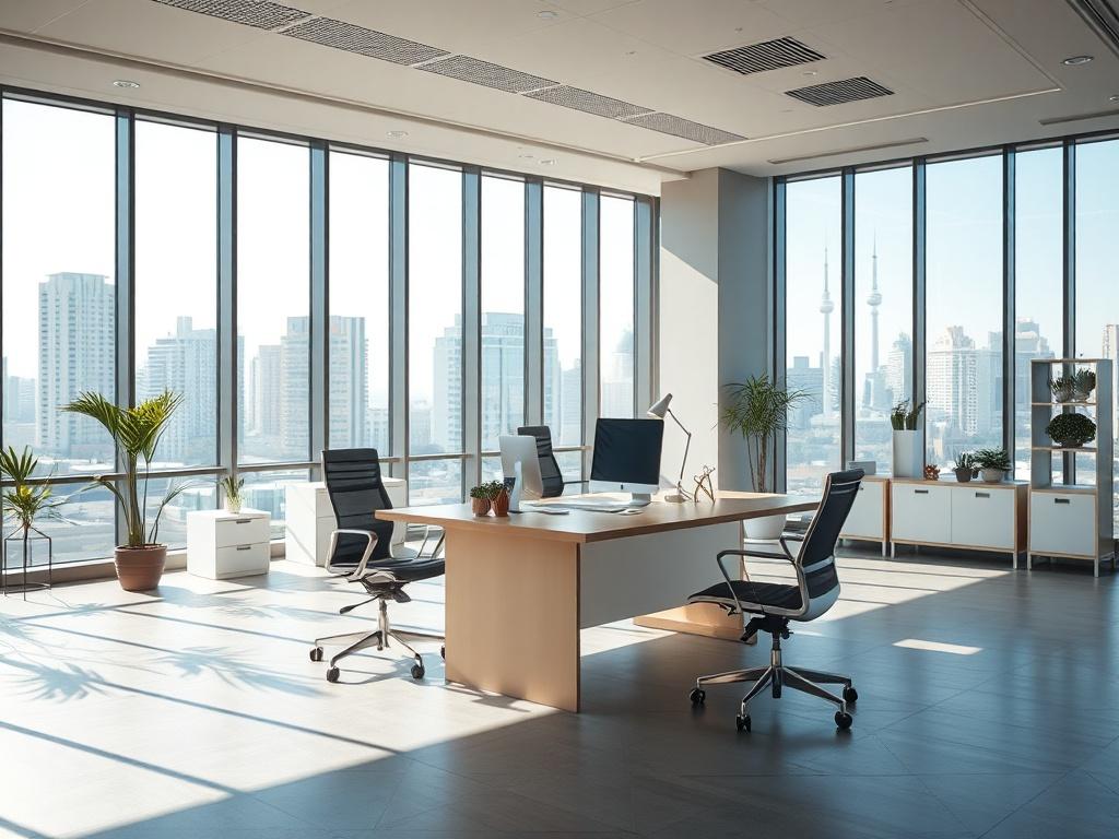 A spacious and open office with large windows allowing natural light to flood in, showcasing a clean and organized workspace. The focus is on a single desk with modern decor, emphasizing a professional and inviting atmosphere. The background features bright cityscapes visible through the windows, enhancing the feeling of openness. The overall composition is simple and clear, capturing the essence of a clean and productive work environment.