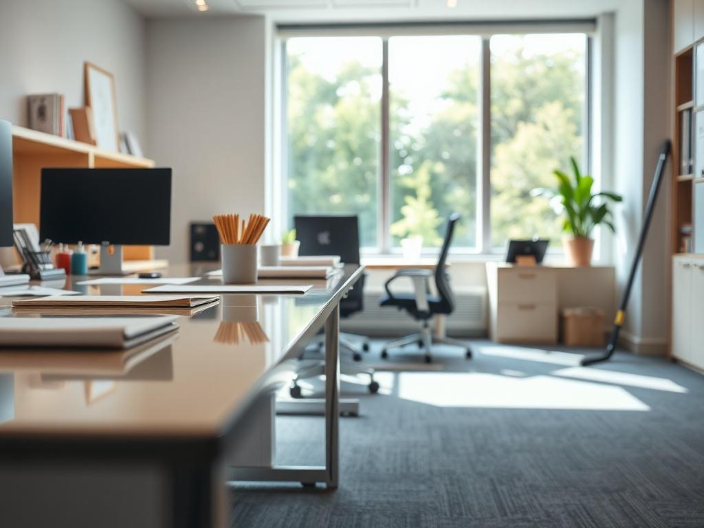 A high-resolution close-up shot of a clean office space, showcasing a polished desk with neatly organized stationery, a bright window allowing natural light, and a freshly vacuumed carpet. The background should be softly blurred to emphasize the cleanliness and orderliness of the workspace, with vibrant colors reflecting a welcoming and professional atmosphere. The image should evoke a sense of calm and productivity.
