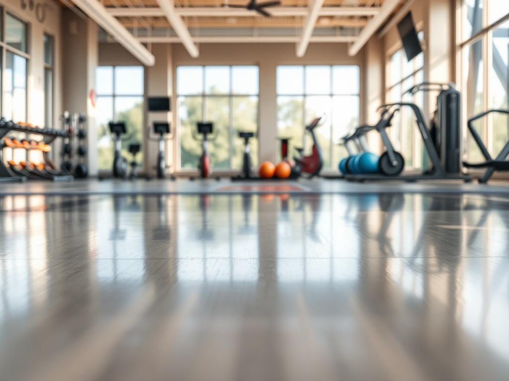 Create a realistic high-resolution photo depicting a pristine gym floor as the central subject. The gym floor should be well-maintained, polished, and free of any dirt or marks, showcasing a clean and inviting environment for fitness enthusiasts. The composition should focus solely on the gym floor, highlighting its reflective surface and impeccable cleanliness. 

In the background, softly blur elements such as gym equipment, exercise mats, and fitness accessories to maintain a clean and simple aesthetic wi