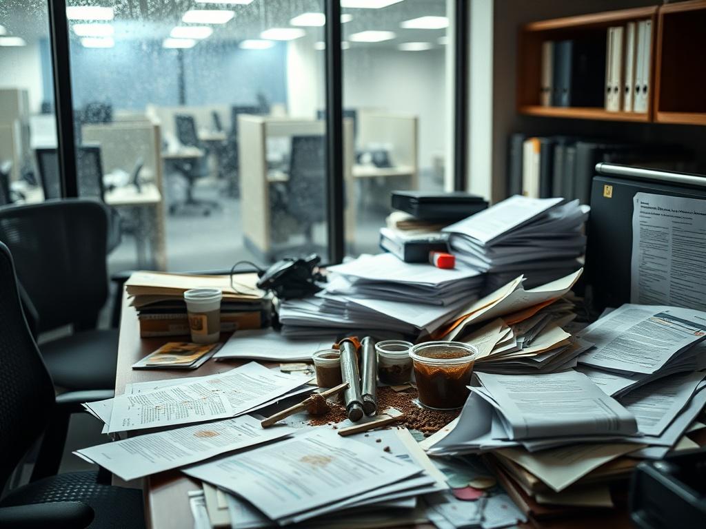 **AI Image Generation Prompt:**

Create a realistic high-resolution photo that captures the essence of the blog titled "The Hidden Costs of a Dirty Office." The composition should be simple, focusing solely on one subject—a cluttered desk overflowing with paperwork, coffee stains, and old food containers. The desk should appear messy, symbolizing neglect, with scattered documents hinting at lost opportunities and diminished productivity. 

In the background, include hints of an office environment: dimly lit