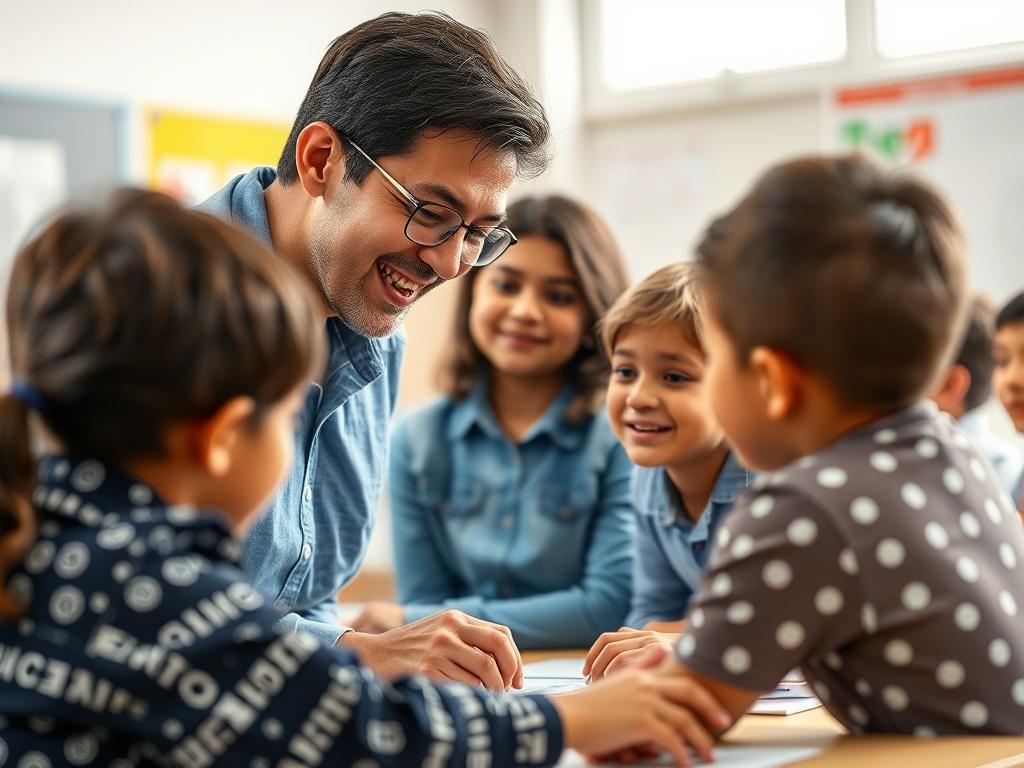 A close up shot of a teacher interacting with students