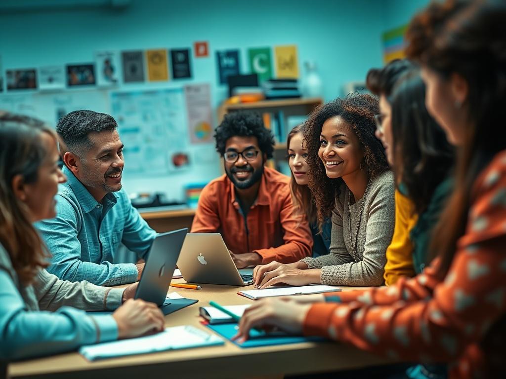A close up shot of a diverse group of educators