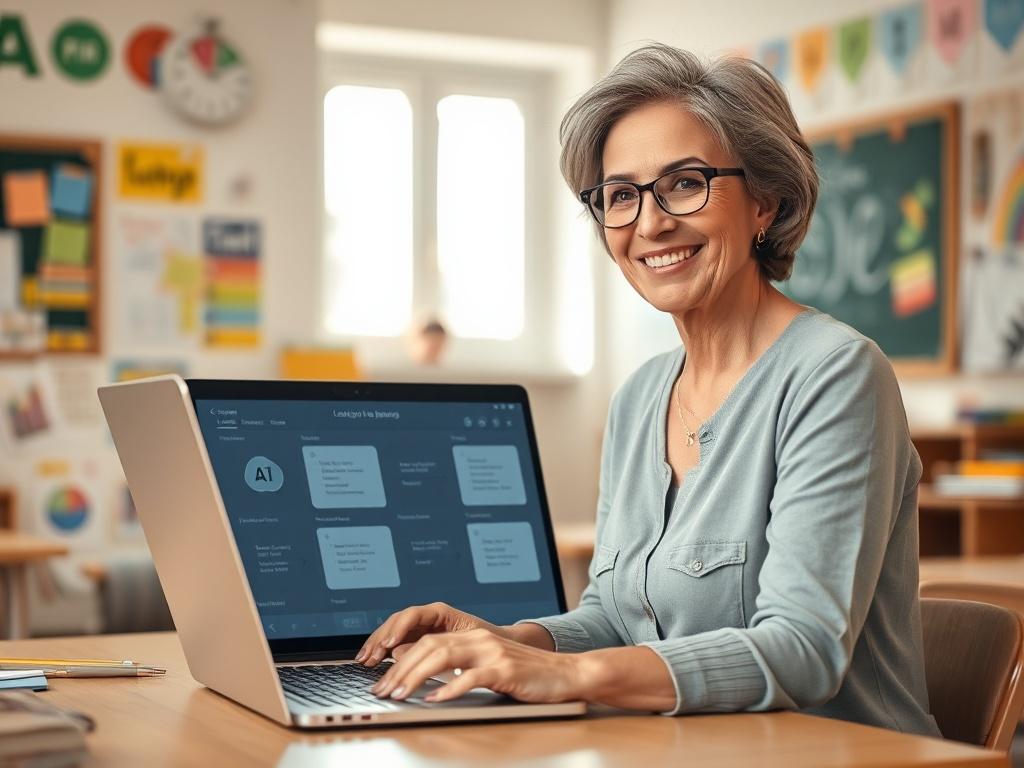 **Prompt for AI Image Generator:**

Create a realistic, high-resolution photo focusing on a passionate educator engaged in the process of utilizing artificial intelligence tools in a classroom setting. The educator should be a middle-aged woman with an enthusiastic expression, sitting at a modern desk with a laptop open in front of her. She is reviewing AI software designed for educators, with the screen displaying a user-friendly interface showcasing lesson planning features.

The background should feature