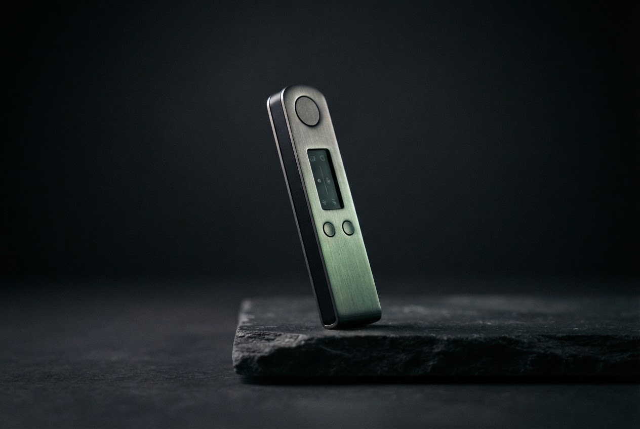 A graphite hardware wallet displayed against a dark, softly lit studio background