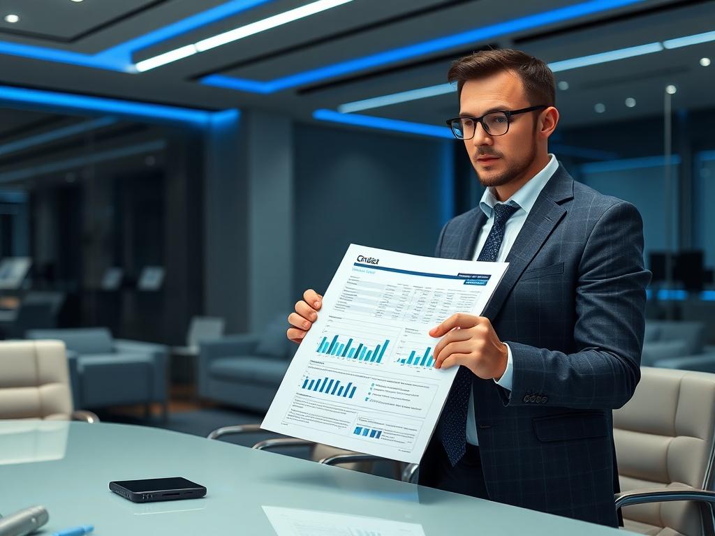 A close-up shot of a confident accountant presenting a detailed financial report to a client in a sleek conference room. The room has modern furniture with blue highlights, and the focus is on the report being discussed, showcasing professionalism and trust.
