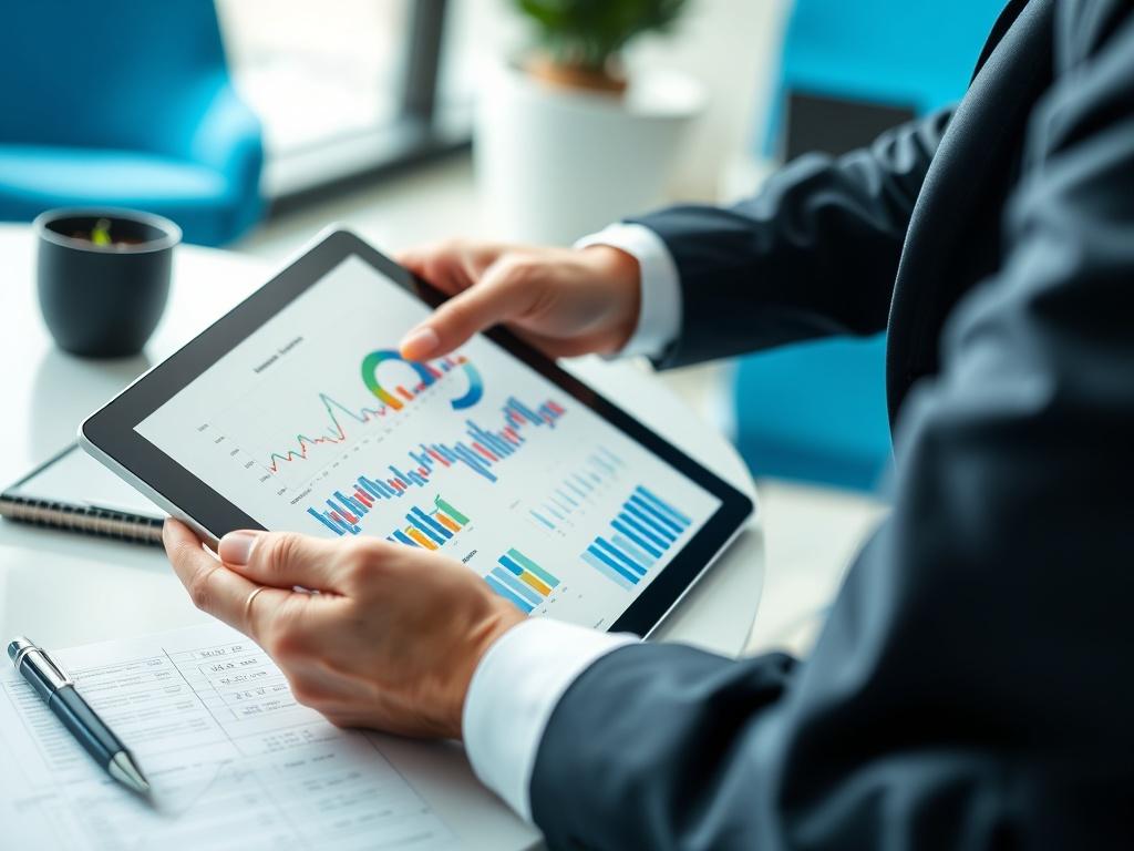 A close-up shot of a professional accountant analyzing financial charts on a tablet, with a notepad and pen beside them. The setting is a contemporary office with blue accents in the decor. The focus is on the tablet displaying vibrant financial graphs, emphasizing clarity and detail.