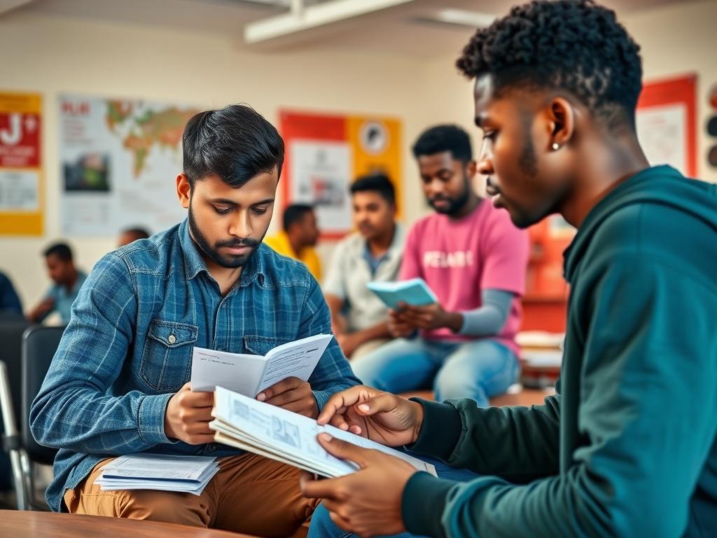 A dynamic workshop setting with young men actively participating in a life skills development session. One young man is practicing financial literacy with engaging materials, while others are involved in group discussions. The atmosphere is energetic and focused, with bright colors and a sense of collaboration in the background.