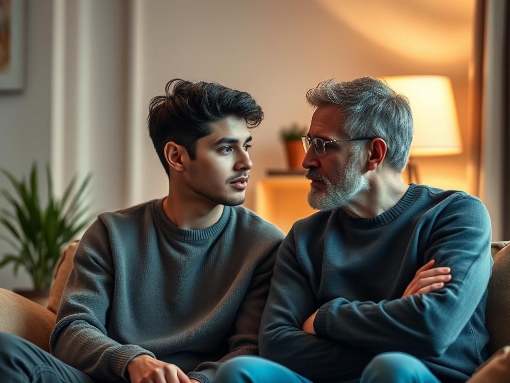 A warm and inviting scene showing a young man engaged in a deep conversation with a mentor in a cozy, well-lit room. The mentor is providing guidance with a supportive demeanor, while the young man listens attentively, showcasing a sense of hope and determination. The background features soft, gentle lighting that creates a peaceful atmosphere.