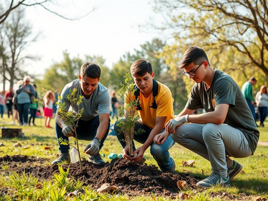 A vibrant community event showing young men participating in a local service project. They are working together, planting trees or cleaning up a park, symbolizing teamwork and a commitment to their community. The background features a sunny day, families enjoying the park, and a sense of unity among the participants.
