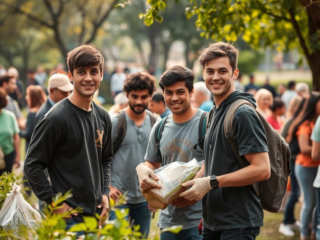 A community engagement event in a lively outdoor setting, with young men participating in a project such as a park clean-up or food drive. The scene is filled with enthusiastic individuals working together, surrounded by greenery and community members. The atmosphere is positive and impactful, emphasizing teamwork and community spirit.