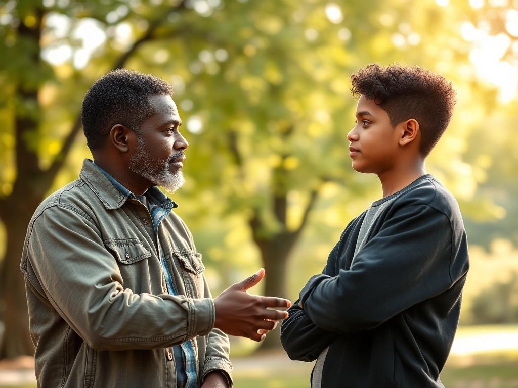 A warm, inviting scene of a mentor and a young man engaged in a meaningful conversation in a park setting. The background features soft green trees and gentle sunlight filtering through the leaves, creating a peaceful atmosphere. The mentor is an African American male in his 30s, dressed casually, while the mentee is a teenage boy, engaged and attentive. The overall tone is supportive and nurturing.