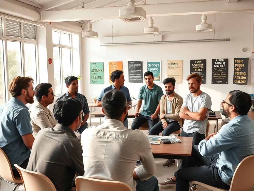 A vibrant group workshop scene in a bright, open room. Diverse young men are participating in discussions and activities, showcasing teamwork and engagement. The setting is filled with natural light and motivational posters on the walls. The atmosphere is energetic and inclusive, highlighting collaboration and personal growth among the participants.