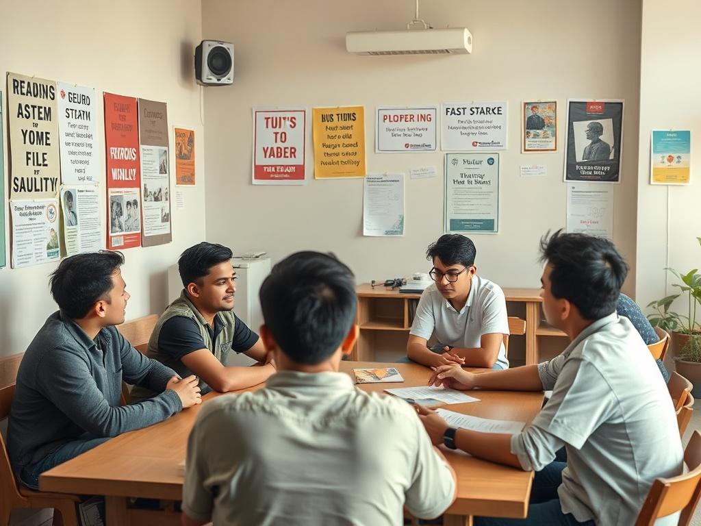 A dynamic workshop setting with young men actively participating in discussions and activities, surrounded by motivational posters and learning materials. Soft lighting creates an engaging atmosphere.