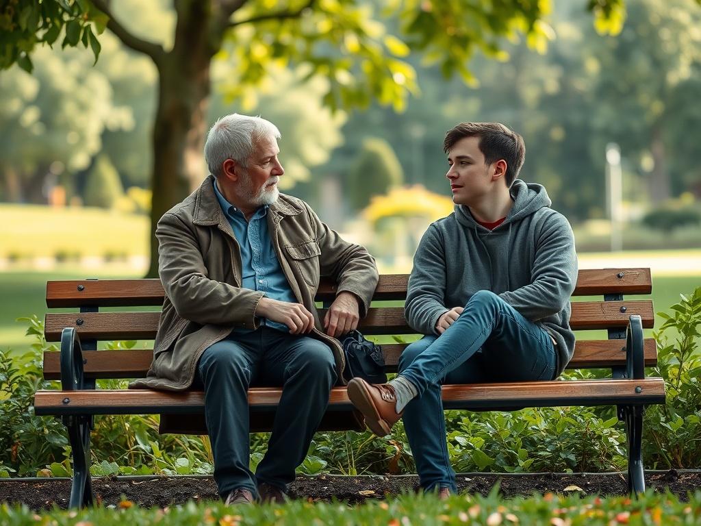 A warm, inviting scene of a mentor and a young man sitting on a park bench, engaged in conversation, surrounded by greenery. Soft, natural lighting enhances the peaceful atmosphere.