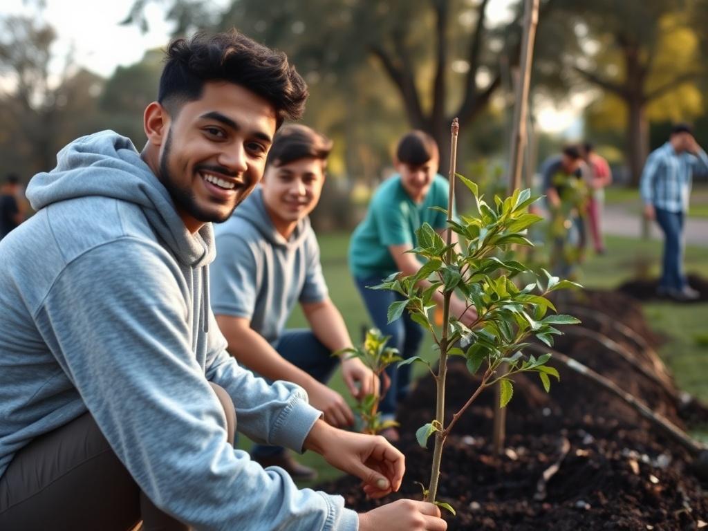 A group of young men working together on a community service project, planting trees and cleaning up a park, with smiles and enthusiasm, soft natural lighting.