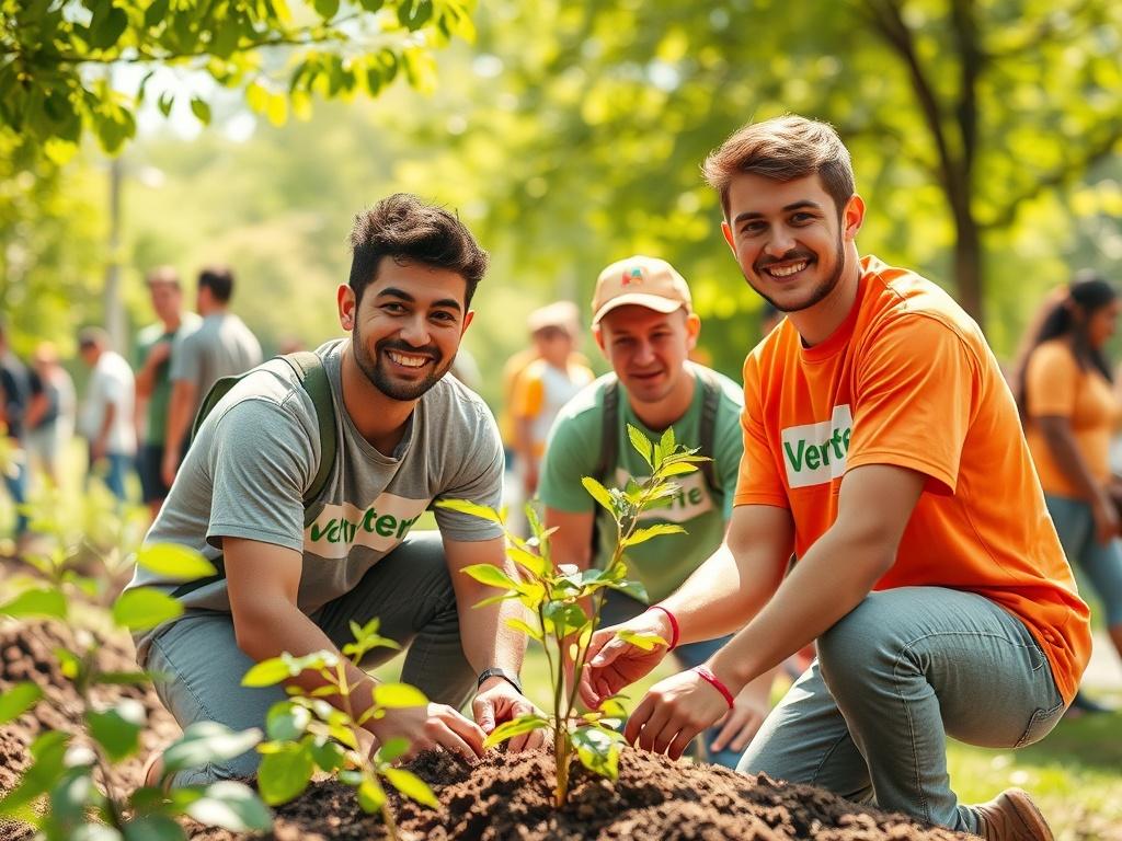 A vibrant community event scene showcasing young men participating in a volunteer project, planting trees or cleaning up a park. The atmosphere is lively and positive, with bright colors and natural sunlight. Smiling faces reflect teamwork and community spirit, with volunteers wearing matching shirts. The background depicts lush greenery and community members joining in, illustrating the importance of engagement and support.
