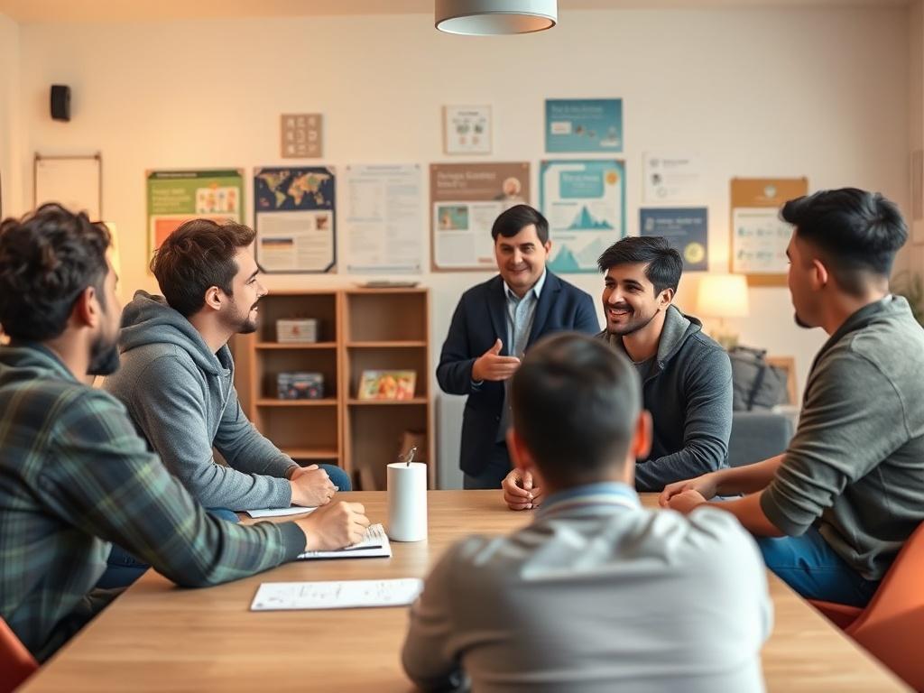 An engaging workshop setting where young men participate in a life skills training session. The scene shows a facilitator leading a group, with participants actively involved in discussions and activities. Soft tones and warm lighting create a welcoming environment, reflecting teamwork and personal growth. The background features a cozy room with educational posters and resources, enhancing the atmosphere of learning.