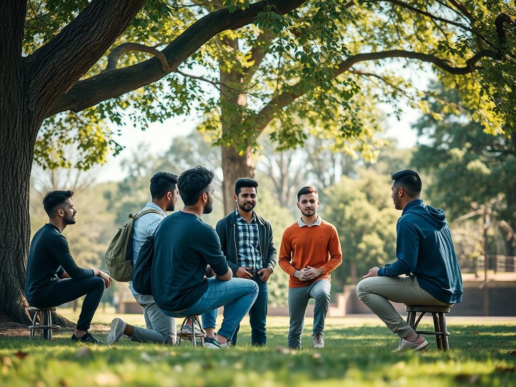 A serene scene of a diverse group of young men engaged in a mentorship session outdoors under a large tree, with a mentor guiding them. Soft natural lighting creates a peaceful atmosphere, emphasizing connection and growth. The background features a park-like setting, with gentle greenery and a clear blue sky, conveying an inspiring and uplifting environment.