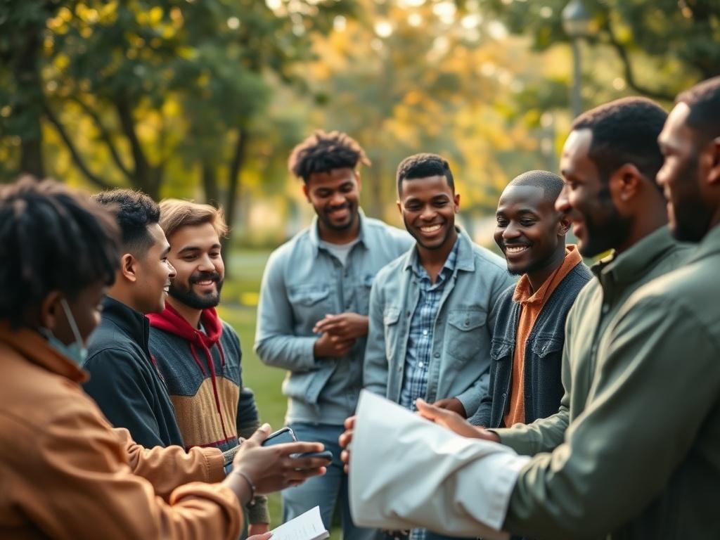 A warm, inviting community engagement event featuring a diverse group of young men and mentors engaged in a lively discussion. The setting is outdoors with soft natural lighting, surrounded by trees and greenery, creating a peaceful atmosphere. The focus is on the interaction between the mentors and the youth, showcasing smiles, enthusiastic expressions, and hands-on activities. The overall tone is uplifting and supportive, reflecting the essence of mentorship and community engagement.