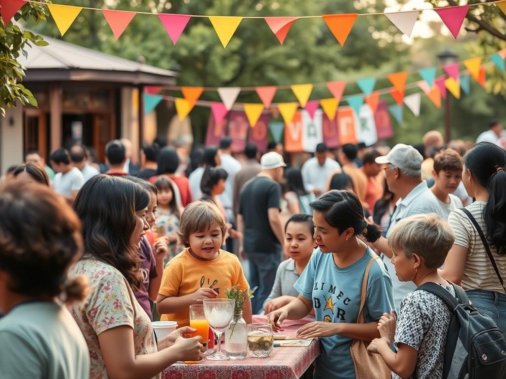 A vibrant community gathering scene with people of all ages interacting and participating in various activities outdoors. The atmosphere is lively and welcoming, with colorful banners and decorations in the background, creating a sense of unity and collaboration.