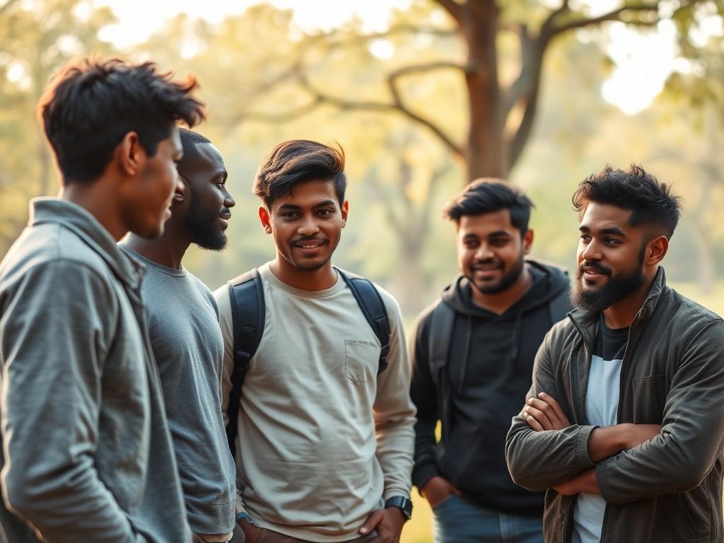 A warm, inviting scene of a diverse group of young men engaged in a mentorship session outdoors. The mentor is actively listening, creating a sense of connection and support. The background features soft, natural lighting with trees and a peaceful park setting, evoking a sense of community and growth.
