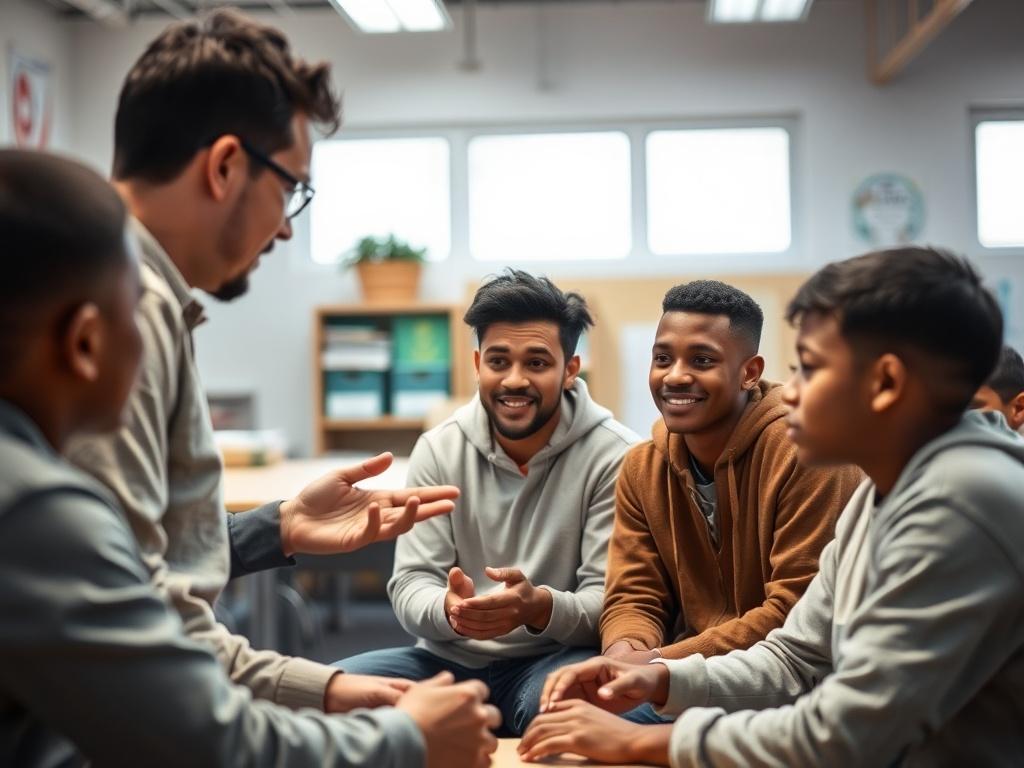 A dedicated volunteer interacting with a group of young men in a mentoring session. The setting is a classroom or community center, filled with engaging materials and a sense of enthusiasm. The volunteer is actively encouraging participation and fostering a supportive environment.