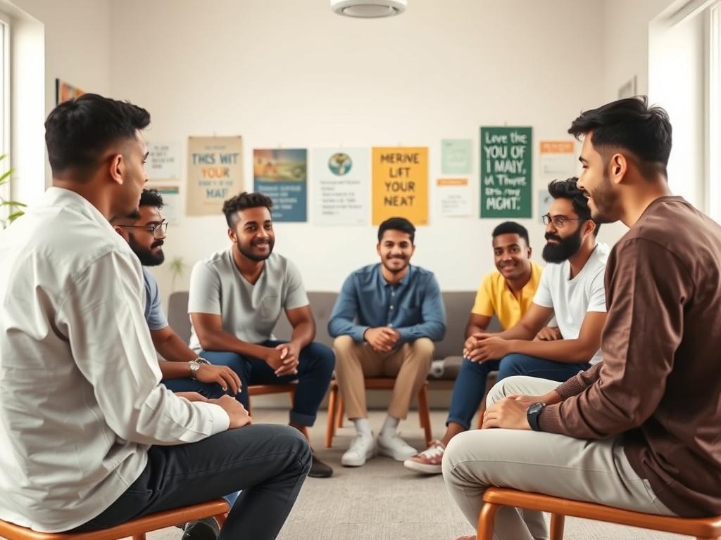 A diverse group of young men participating in an empowerment workshop, sitting in a circle, engaged in discussion with a mentor facilitating. The setting is bright and welcoming, with soft tones and natural lighting. Background shows motivational posters and a cozy environment that fosters open communication.