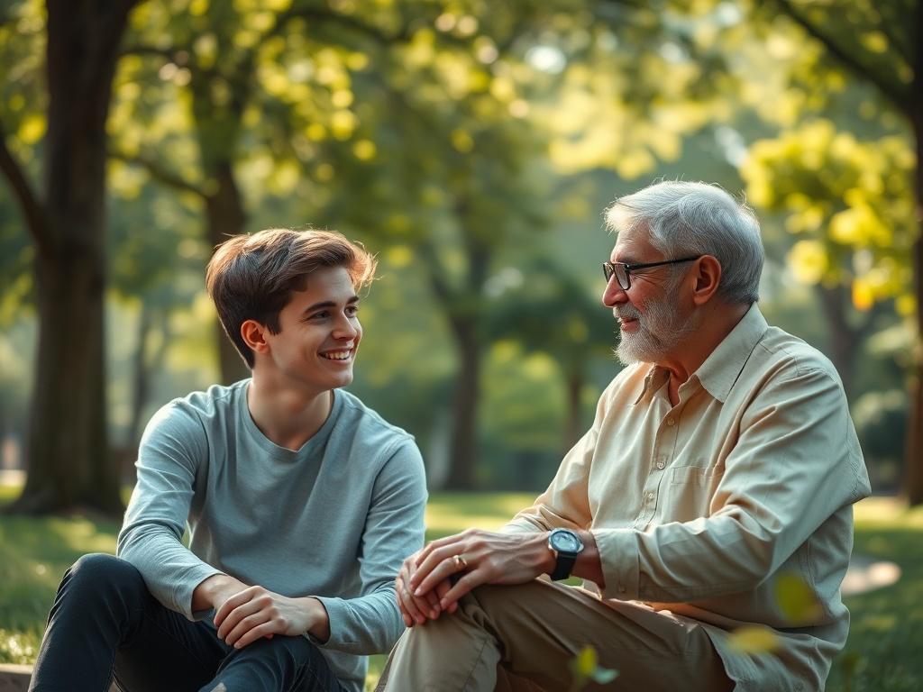 A young man sitting in a peaceful park, engaging in