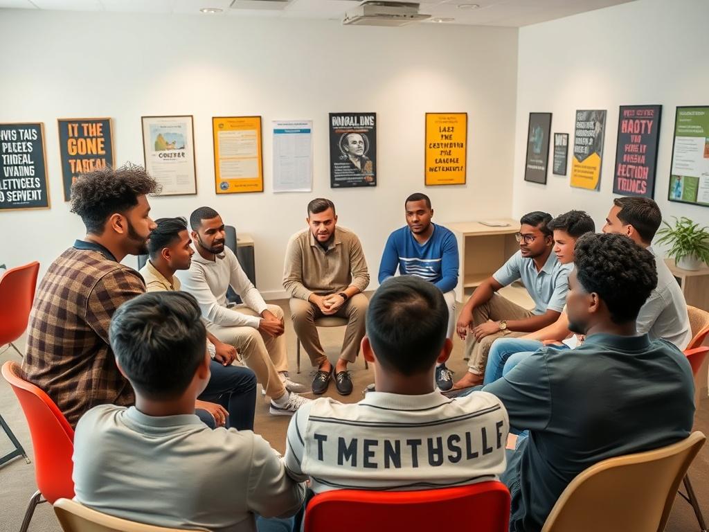 A diverse group of young men engaged in an interactive