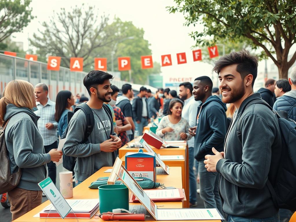 A vibrant community event featuring young men interacting with local