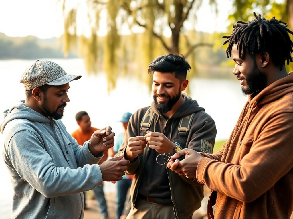 A warm and inviting scene featuring a diverse group of young men engaged in an outdoor mentoring activity. The focus is on a mentor showing a young man how to tie a fishing line, with a serene lake in the background and trees gently swaying in the breeze. The atmosphere is peaceful and encouraging, highlighting the bond between mentor and mentee.
