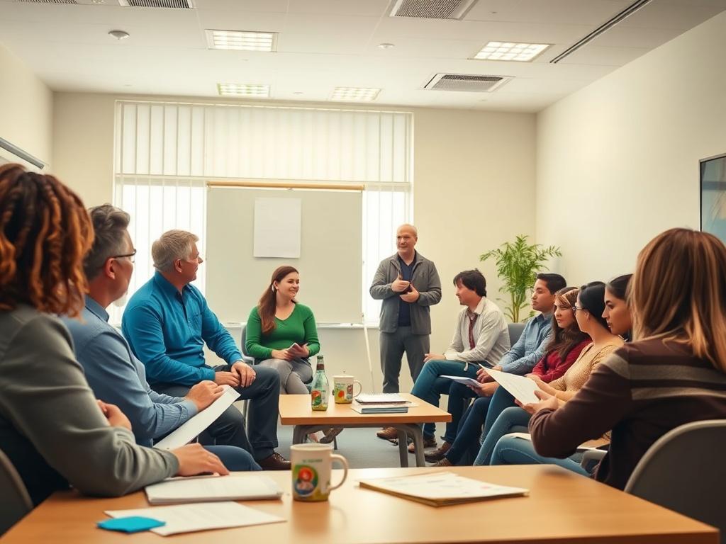 A focused training session in progress, featuring a diverse group of volunteers engaged in learning and discussions. The setting is a well-lit room with materials and resources visible, and a trainer leading the session. The atmosphere is dynamic, reflecting enthusiasm and commitment.