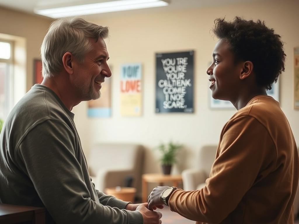 A warm and inviting scene showing a mentor and a young man engaged in a meaningful conversation in a community center. The background features soft, natural lighting and elements that suggest a supportive environment, like motivational posters and comfortable seating. The focus is on the mentor, a caring adult, and the young man, who appears engaged and hopeful.