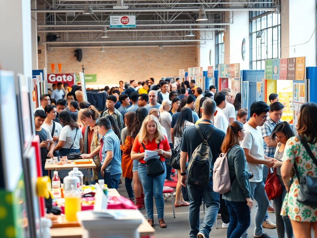 A vibrant community event scene with diverse groups of people participating in various activities. The background features colorful booths, smiling faces, and engaging activities like games and workshops. The atmosphere is lively and welcoming, highlighting the spirit of community and collaboration.