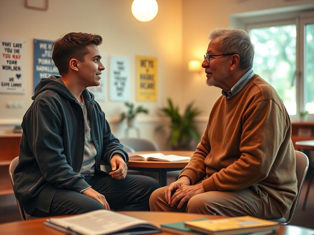 A warm, inviting mentorship session in a community center, featuring a young man and an older mentor engaged in a thoughtful discussion. The background includes a soft-lit room with posters of positive affirmations on the walls, a table with books and learning materials, and natural light coming through a window.