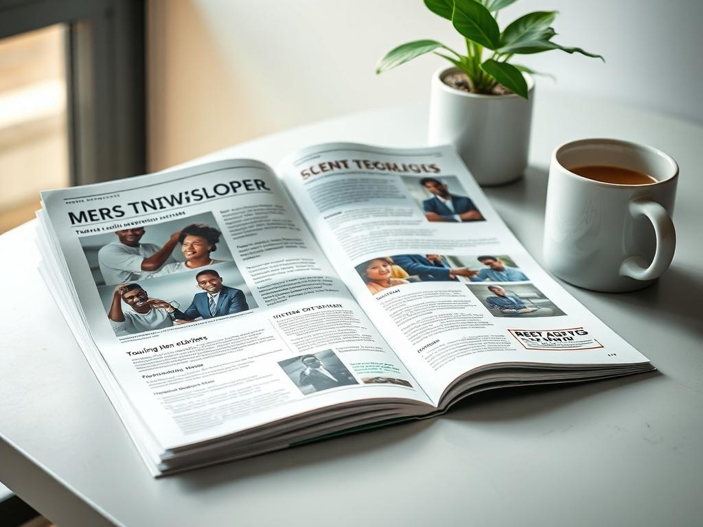 An open newsletter on a table, featuring stories and images of young men achieving their goals through mentorship. Soft lighting enhances the inviting atmosphere, with a coffee mug and a plant in the background, symbolizing growth and positivity.