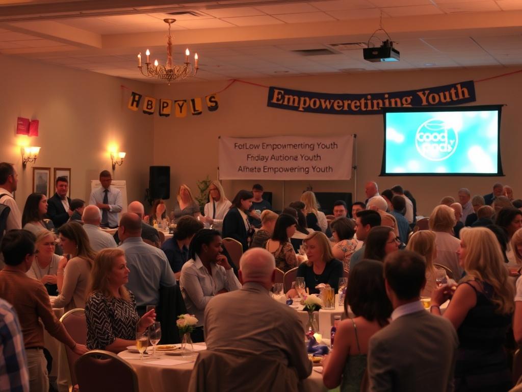 A lively fundraising event at a community venue, showcasing attendees enjoying activities, listening to a speaker, and participating in a silent auction. The atmosphere is filled with energy and positivity, with decorations highlighting the mission of empowering youth.